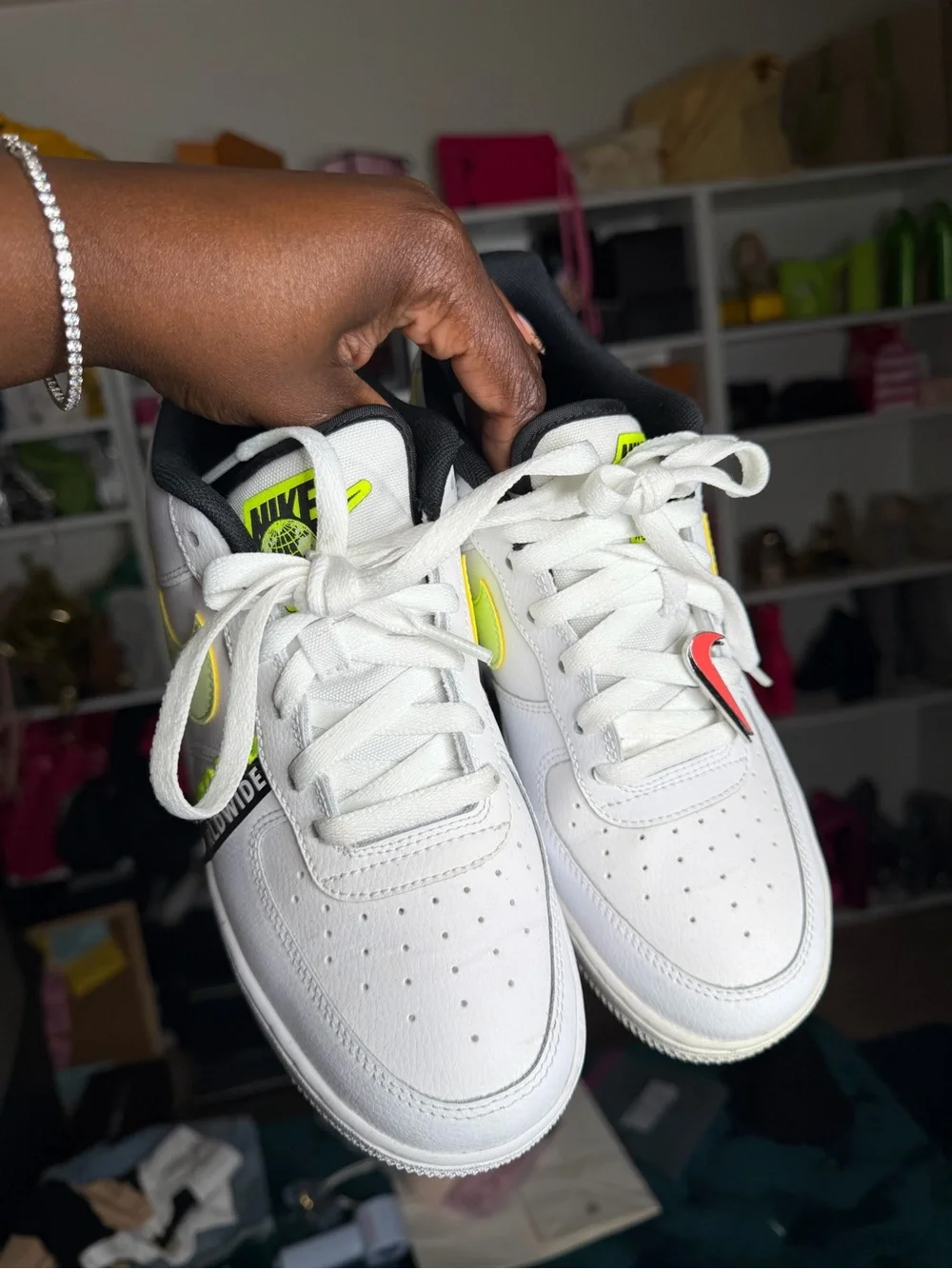 Nike Air Force Kids White Sneakers with Neon Yellow Accent